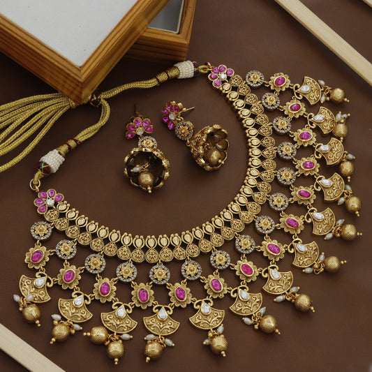 Queen Pink Kundan Necklace Set For Women 1389